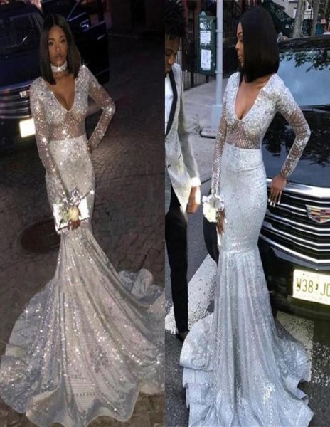 

bling sparkly sequins silver long sleeves mermaid prom party dresses v neck black girls reflective gala evening gowns3521208