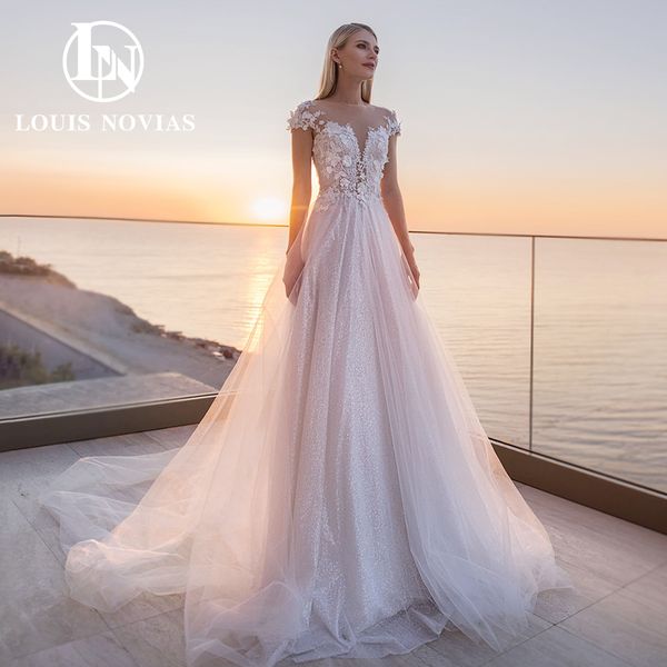 

classy a-line wedding dress with bow 2023 dreamy v-neck short sleeve invisible neckline sparkling tulle lace dress for bride vestidos de nov, White