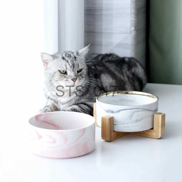 Dog Bowls Feeders Other Pet Supplies Marbling Cat Ceramics Bowl with Wood Stand Double for Food Water Small Puppy Dogs Elevated Feeding x0715