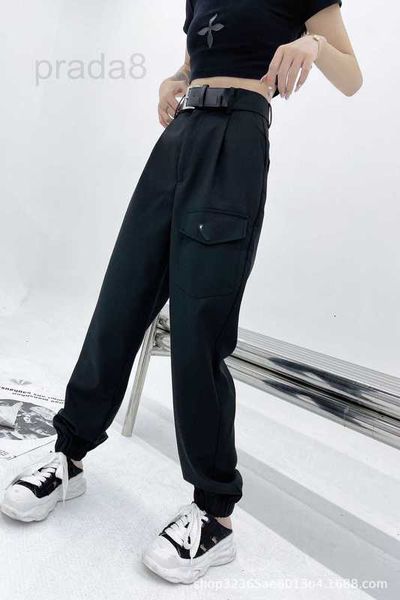 

women's pants & capris designer autumn new triangle leather decorative casual workwear handsome leggings belt high waist design qyrm, Black;white