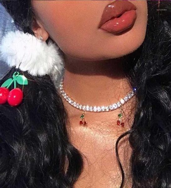 

new design charm rhinestone cherry pendant necklace for women statement tennis chain choker crystal collar girls hiphop jewelry15560026, Silver