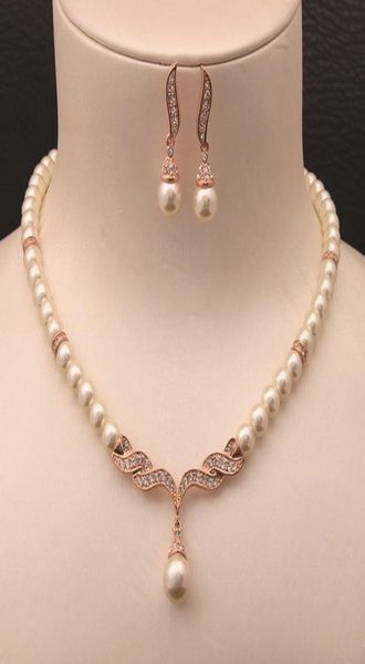 

rose gold color cream glass pearl and rhinestone crystal bridal necklace and earrings jewelry sets4677635, Silver
