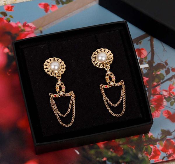 

stud earring with chain design and nature shell colorful diamond for women wedding jewelry gift have box stamp ps32471489662, Golden