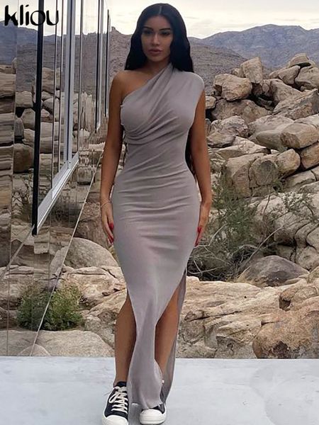 

basic casual dresses kliou solid elegant maxi dres inclined shoulder sleeveless body shaping side split robe partywear female vestidos 23071, Black;gray