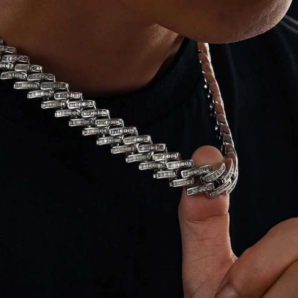 

drop shipping iced out 14mm 925 sterling silver baguette moissanite diamond miami cuban link chain