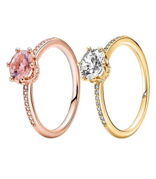 

yellow gold plated crown solitaire rings sterling silver women girls designer wedding jewelry for rose gold lover ring with original box6770, Slivery;golden