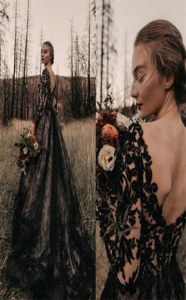 

gothic full black long wedding dresses a line long sleeves v neck court train vintage bridal gowns 2021 plus size wedding wear dre2575757, White