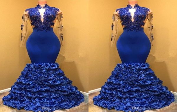 

2018 new high neck sheer long sleeves mermaid prom dresses long applique 3d floral flower floor length formal party evening dresse5985420, Black