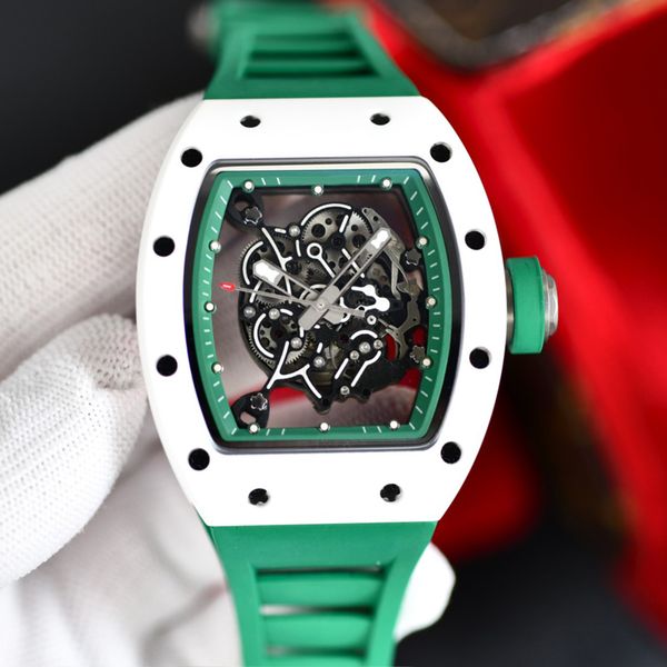 

6 styles mens skeleton watch ceramic case green rubber strap richa milles rm055 automatic mechanical r eta watch sapphire glass hollow out w, Slivery;brown