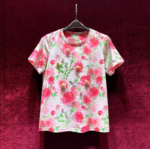 

european and american women's dress 2023 summer new style round neck short sleeve pink print heavy stitching beads t-shirt xxl, White