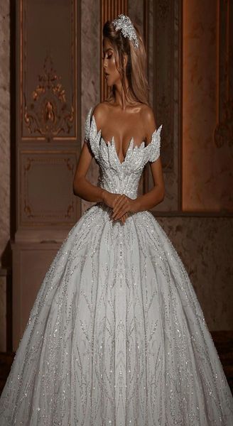 

glitter off shoulder ball gown wedding dresses 2021 luxury sparkly backless bridal gowns with long train vestidos de novia robe ma9724419, White
