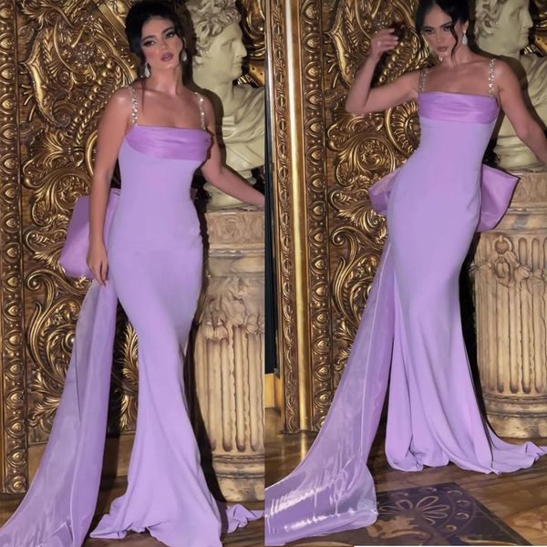 

lilac spaghetti strap evening dresses organza bow pleat celebrity gown bead sequin satin sweep train formal evening wear, Black;red