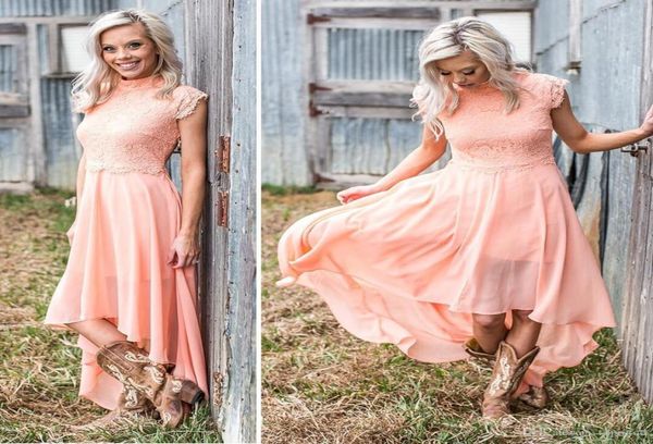 

2019 country bridesmaid dresses hi lo high neck lace chiffon cap sleeves aline beach wedding guest party gowns maid of hono3336124, White;pink