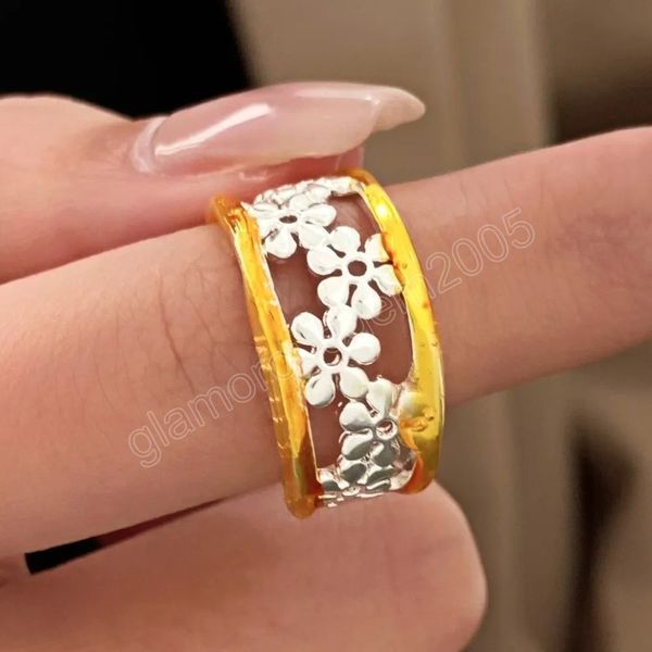 

wide sunflower band rings hollow out adjustable open flower band ring for women girls, Silver