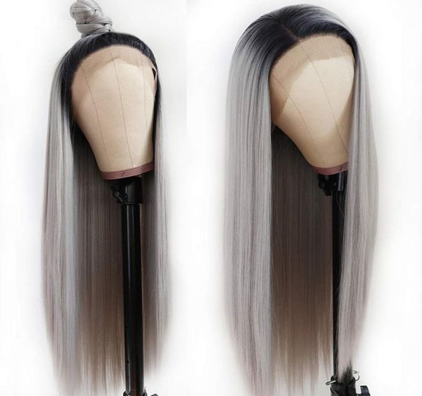 

natural long silky straight grey color brazilian lace front wig 180 full density heat resistant glueless synthetic wigs fashion o5097126, Black
