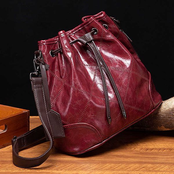 

fashion handheld one shoulder crossbody oil wax leather bucket women's bag 230718