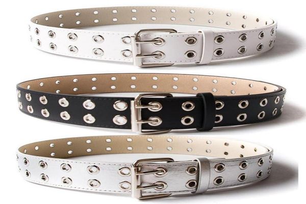 

womens fashion double grommet metal buckle leather belt punk adjustable3802025, White