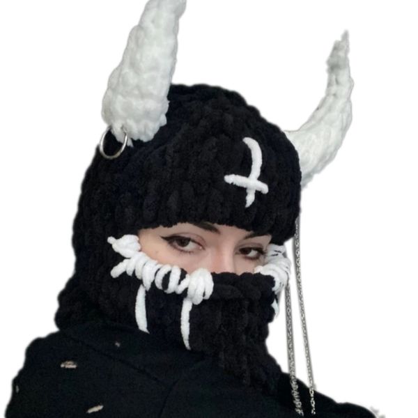 

fashion face masks neck gaiter beast horns knitted hat women winter balaclava hat cosplay costume hat warm caps girl party hat universal lad