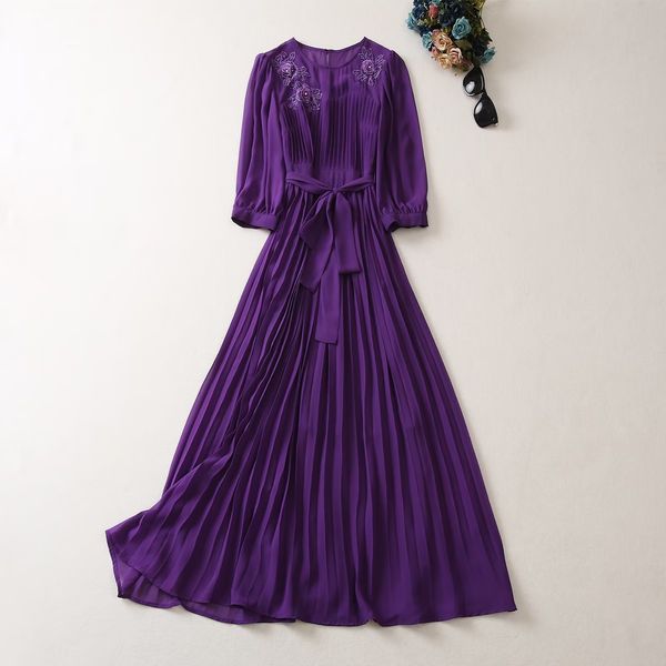 

european and american women's dress 2023 summer new style crew neck quarter sleeve embroidery pleated fashion purple belt xxl, Black;gray