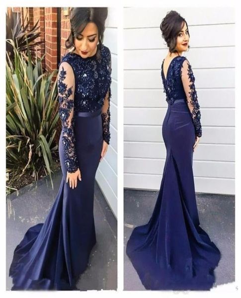 

elegant navy blue mermaid beaded evening dresses with long sleeves jewel neck lace appliqued prom gowns satin plus size formal dre8187119, Black;red