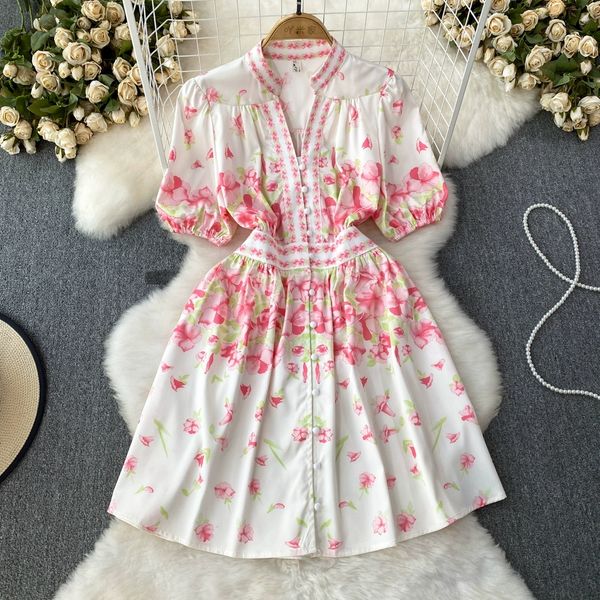 

2023 summer celebrity temperament bubble short sleeve v-neck waist slim single breasted a-line positioning print dress, Black;gray