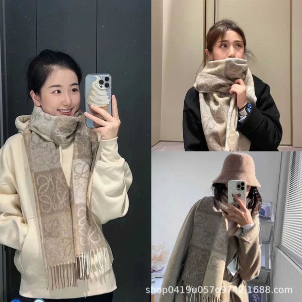 

new milk tea color old flower silk wool scarf women's tassel long cashmere chessboard shawl warm neckband in autumn and winter, Blue;gray