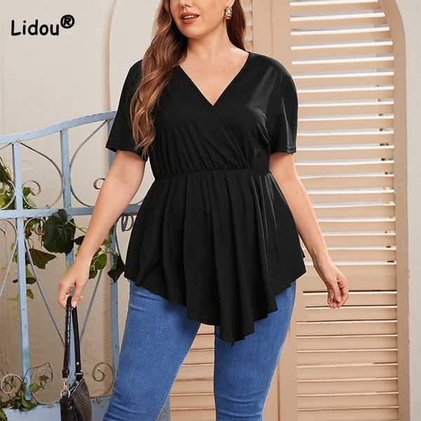 

women's plus size t-shirt plus size clothes women's casual solid color summer v-neck folds short sleeve waist collection pullover, Black