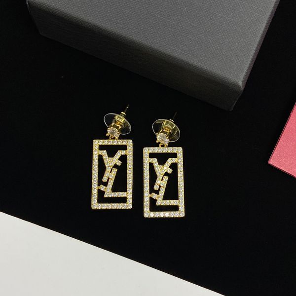 

gold color women designer stud earrings luxury full diamonds square pendant brass engagement earring wholesale, Golden;silver