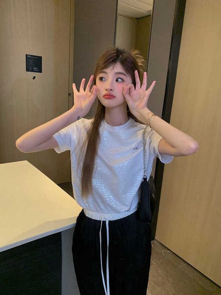 

women's t-shirt designer high edition short sleeve 2023 summer new heavy industry embroidery sequins slim fit pure cotton t-shirt lcil, White