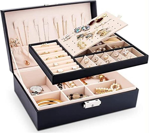

jewelry box for women girls double layer jewelry storage case earrings bracelets rings necklaces display boxes with removable tray9931423, Black;white