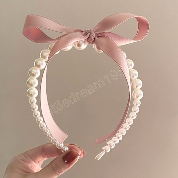 

pink satin pearl hair band cream color girl bow ribbon sweet temperament headband hair hoop headwear women jewelry accessories, Silver