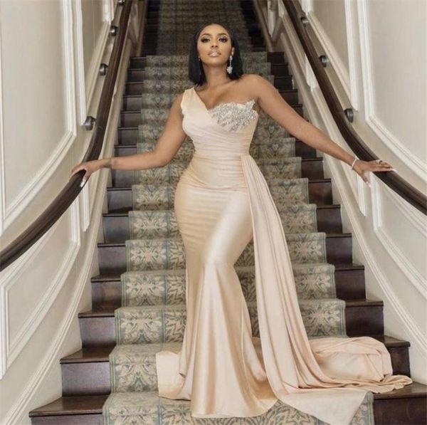 

aso ebi mermaid evening dresses with flutter train beaded one shoulder prom trumpet dress zipper back robe de marrige2027206, Black;red