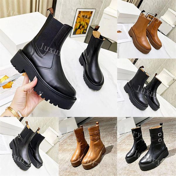 

designer women boots bulky lace up boot leather loafers winter lace-up buckle shoes platform desert boots knight ankle booties, Black