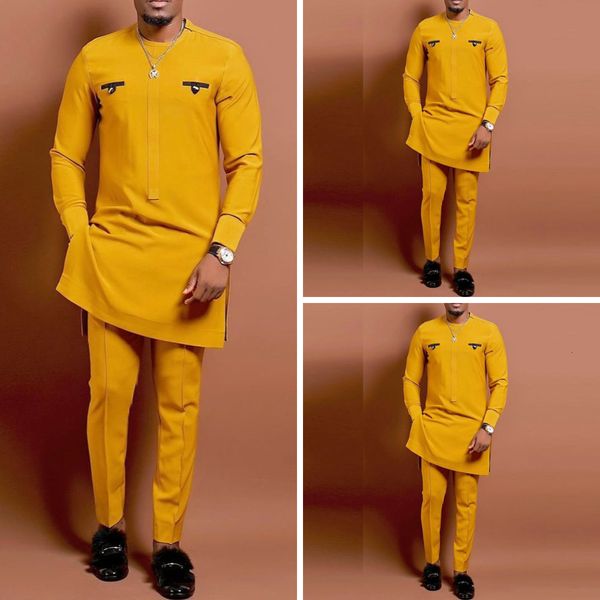 

men's tracksuits african two piece sets mens round neck pocket casual yellow print long sleeve shirt and pants ethnic style wear 230718, Gray