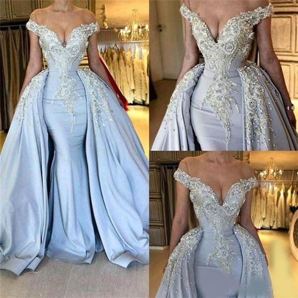 

light sky blue mermaid prom dresses with long train beadings crystals sequined off shoulder evening gowns special occasion fo184j, Black;red