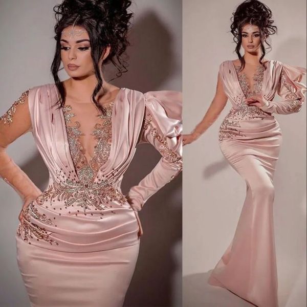 

2023 prom dresses blush pink mermaid evening gowns illusion crystal beads long sleeves custom sweep train formal vestidos de novia, Black