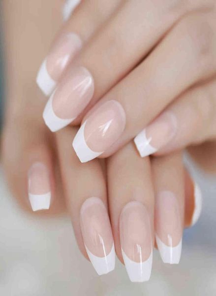

white smile line natural french ballerina coffin false nails shiny uv gel medium press on fingernails 24 ct3683486, Red;gold