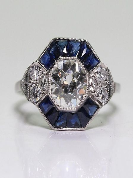 

antique jewelry 925 sterling silver diamond sapphire bride wedding engagement art deco ring size 5127212315, Golden;silver