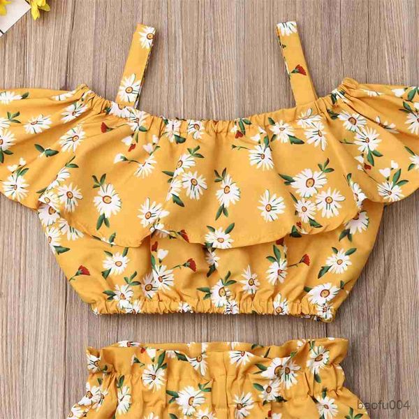 

clothing sets fashion summer toddler baby girl clothes off shoulder ruffle sling crop short pants 2pcs clothes r230823, White