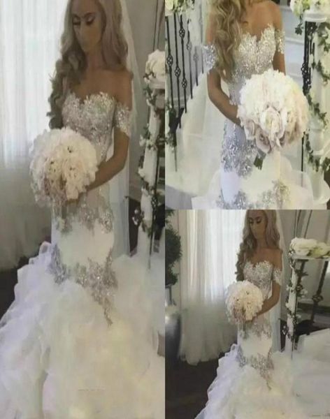 

elegant organza tiers plus size mermaid wedding dresses ruffle off shoulder beads crystal arabic country bridal gown bride dress c6252118, White