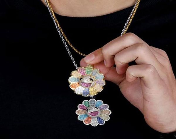 

14k gold plated spinning sun flower rainbow diamond pendant necklace with 3mm 24inch rope chain hiphop jewelry5329892, Silver
