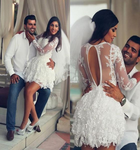 

elegant lace short wedding dress long sleeve sheer back wedding dresses saudi arabia short bridal gowns for wedding party 139624825, White