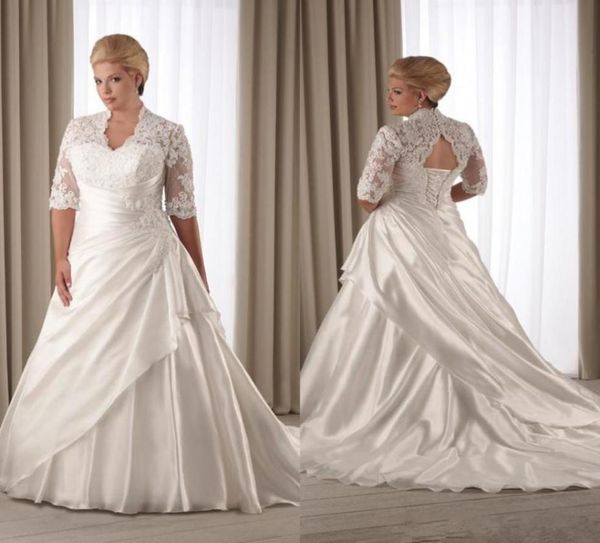 

2019 lace plus size wedding dresses v neck half long sleeves open corset back long train church bridal gowns custom made vest4839858, White