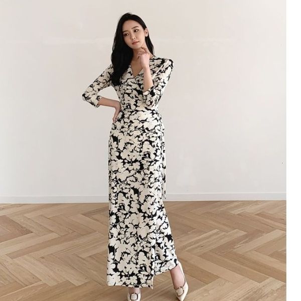 

basic casual dresses v neck floral women bohemian beach maxi wrap three quarter sleeve ankle length elegant ladies holiday dress 230718, Black;gray
