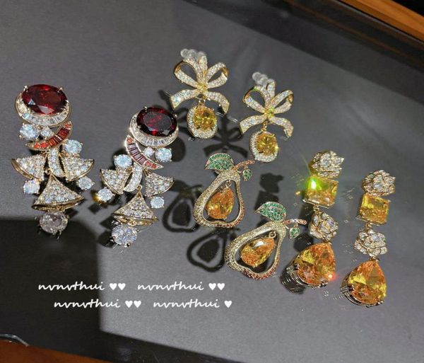 

full diamond ladies charm earrings 3 carat zircon bow eardrop rose earring 18k gold plated yellow zircons studs1465208, Golden