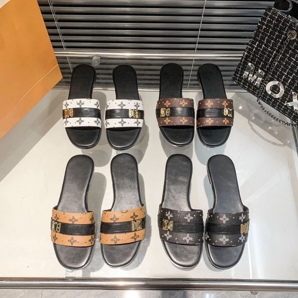

designer women slippers scuffs non slip flat sandals metal buckle color blocking slippers female brown letter sandals casual slippers outsid, Black