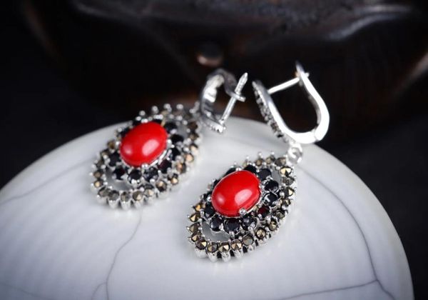 

women 925 sterlingsilverjewelry vintage 925 silver marcasite trend red coral earrings brincos ohrringe sterling silver jewelry5388969, White