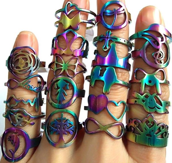 

whole 50pcs rainbow cut mix stainless steel rings women girls jewelry gift acier bague edelstahlringe8281774, Silver