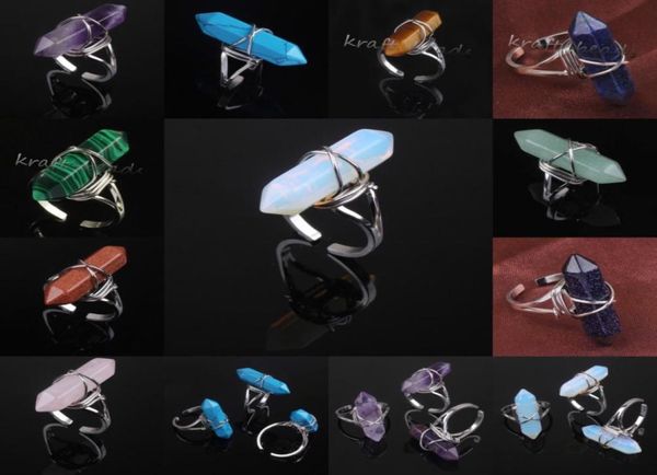 

whole 10pcs silver plated mixed order quartz stone hexagon prism winding adjustable finger ring jewelry1399083, Golden;silver