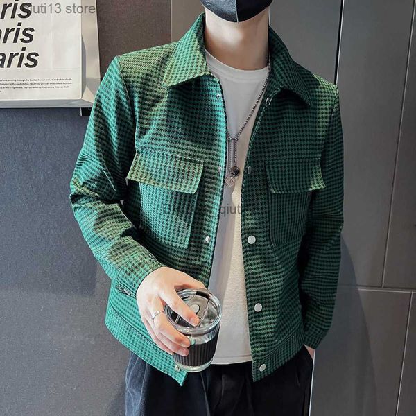 

men's jackets men's senior sense of jacket men's light luxury lapel work chibi plaid green jacket t230718, Black;brown